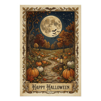 Pôster Caminho de Abóbora Iluminado pela Lua no Halloween