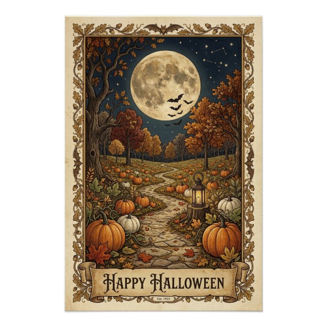 Pôster Caminho de Abóbora Iluminado pela Lua no Halloween (Frente)