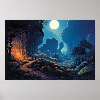 Poster Caminho de enrolamento da pintura a óleo em lua