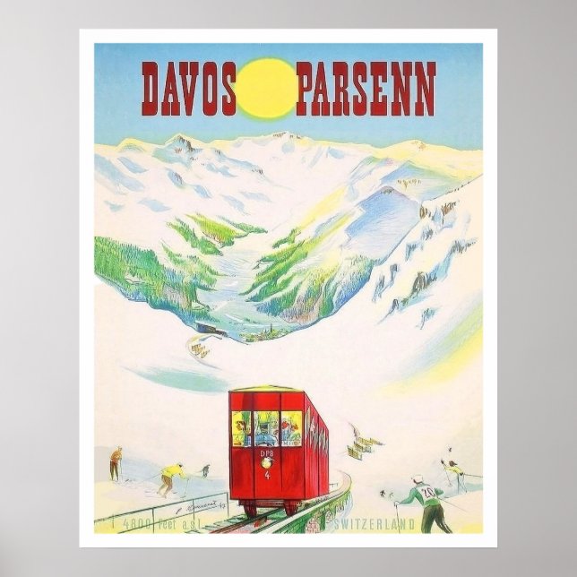 Poster Caminho de ferro de Davos Parsenn, comboio vermelh (Frente)