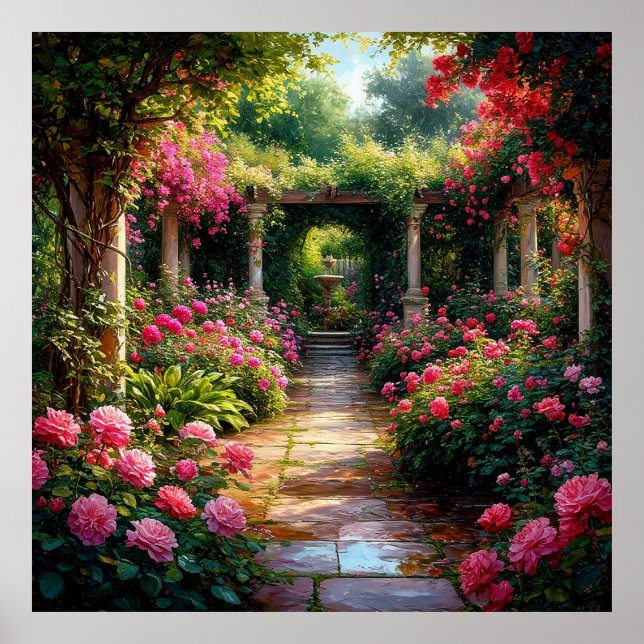Poster Caminho de Jardim Exuberante com Roseiras (Frente)