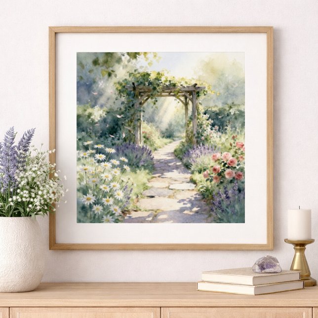 Poster Caminho do Jardim Ensolarado com Treliça de Rosas (Criador carregado)