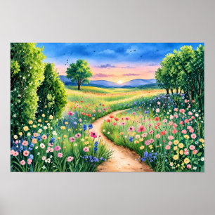 Poster Caminho do Pôr do Sol por uma Campina de Flores Si
