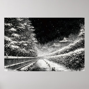 Poster Caminho do Templo Nevado à Noite – Arte Japonesa Z