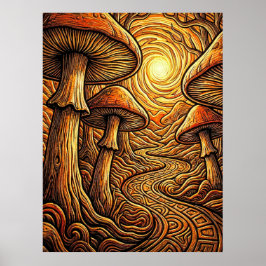 Poster Caminho Escuro da Floresta com Cogumelo Dourado Et