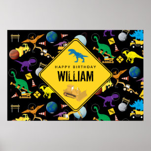 Poster Caminhões de Construção Dinossauros no Espaço Aniv