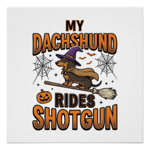 Pôster Camisa Dachshund Halloween Bruxa Vassoura Anda no