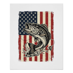 Pôster Camisa de bandeira americana de pesca de bass vint
