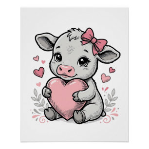 Pôster Camisa de Bebê Vaca Fofo Coração Vintage Desenho d