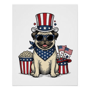 Pôster Camisa de Cachorro com Desenho de Pug Patriótico V