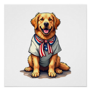 Pôster Camisa de Gravura Vintage Cão Dourado Patriótico 2
