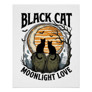 Pôster Camisa de Halloween de Gato Preto Vintage Lua Cemi