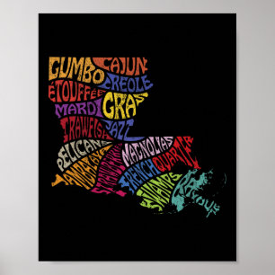 Poster Camisa do Mapa do Estado da Louisiana Mardi Gras C
