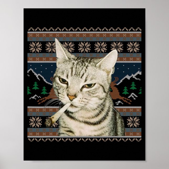Poster Camisa Feia de Natal Gato Fumando Meme Gato  (Frente)