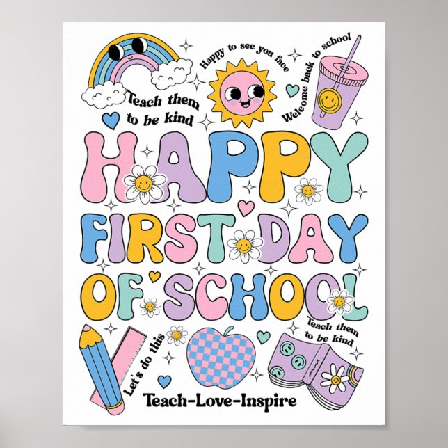 Poster Camisa Feliz Primeiro Dia de Aula Groovy Rainbow C (Frente)