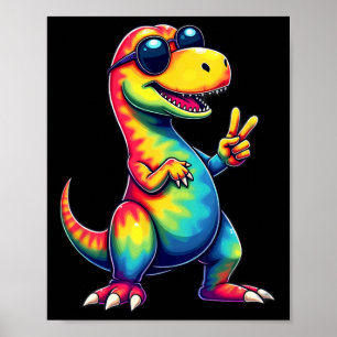 Poster Camisa Hippie Tie Dye T-rex Dinossauro Sinal de Pa