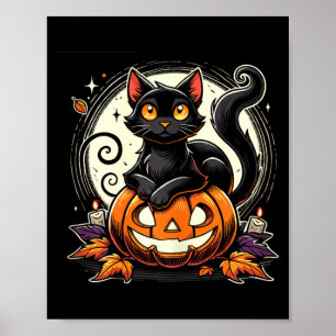 Poster Camisa Preta de Gato de Halloween para Mulheres Re