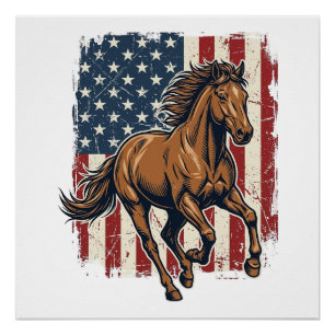 Pôster Camisa Vetorial Vintage Patriótico Cavalo Bandeira
