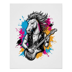 Pôster Camisa Vintage de Gravura de Cavalo Tocando Guitar