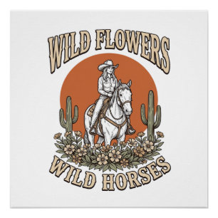 Pôster Camisas Western de Cowgirl Flores Selvagens Cavalo