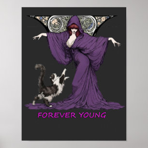 Poster Camiseta Art Nouveau de Bruxa e Gato Jovem para Se