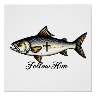 Pôster Camiseta Cristã com Gravação Antiga de Peixe de Je