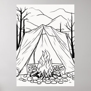 Poster Camiseta de arte linear de fogueira de acampamento