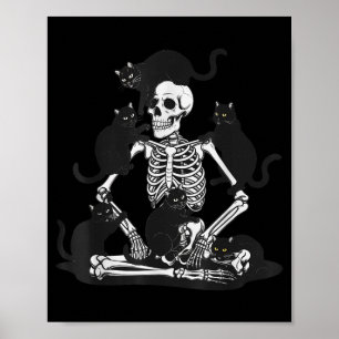 Poster Camiseta de Esqueleto Assustador Com Gatos Pretos 