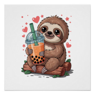 Pôster Camiseta de Sloth Bebendo Chá Boba Bubble Kawaii