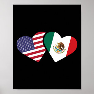 Poster Camiseta do Coração da Bandeira do México EUA Amor