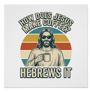 Pôster Camiseta Engraçada Jesus Café Desenho Antigo_