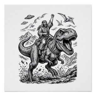Pôster Camiseta Gráfica com Cavaleiro de Dinossauro em Es