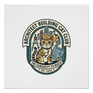 Pôster Camiseta Gráfica de Gato de Arquiteto Construindo