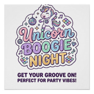 Pôster Camiseta Gráfica Unicórnio Boogie Night Tipografia