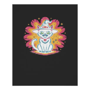 Pôster Camiseta Oversized Gato Preto com Flor Psicodélica