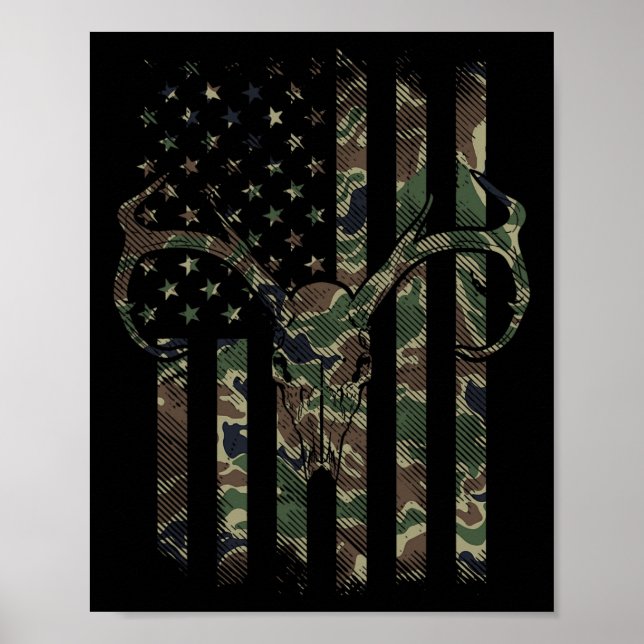 Poster Camo American Flag Deer Skull Elk, Caça A Caça Nos (Frente)
