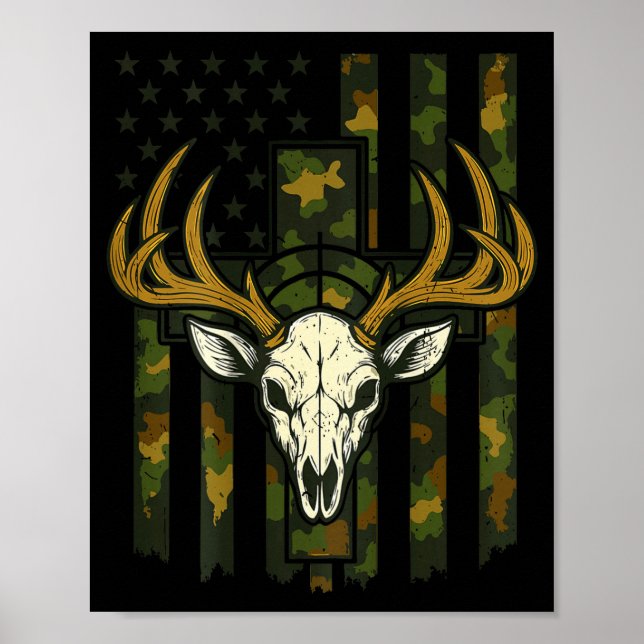 Poster Camo Deer Hunting Elk Skull American Flag Youth Bo (Frente)