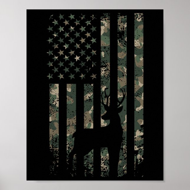 Poster Camo USA Flag Deer Elk Buck Camouflage Hunting Hun (Frente)