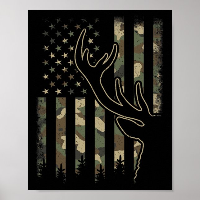 Poster Camo USA Flag Elk Buck Camouflage Deer Hunting Hun (Frente)