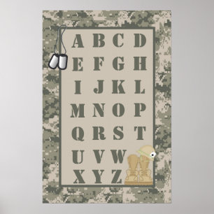 Pôster Camoflauge 16x24 Nursery Art ABC Chart ARMY ACU