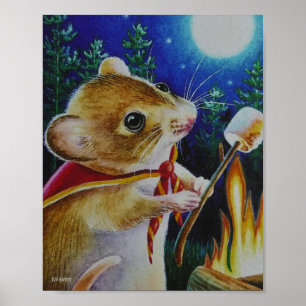 Poster Camper Mouse Roasting Marshmallow Art 8x10