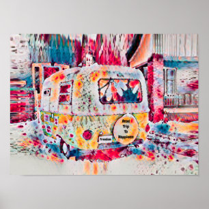 Poster Camper Retro Hippie Road Trip To Feliz Freedom