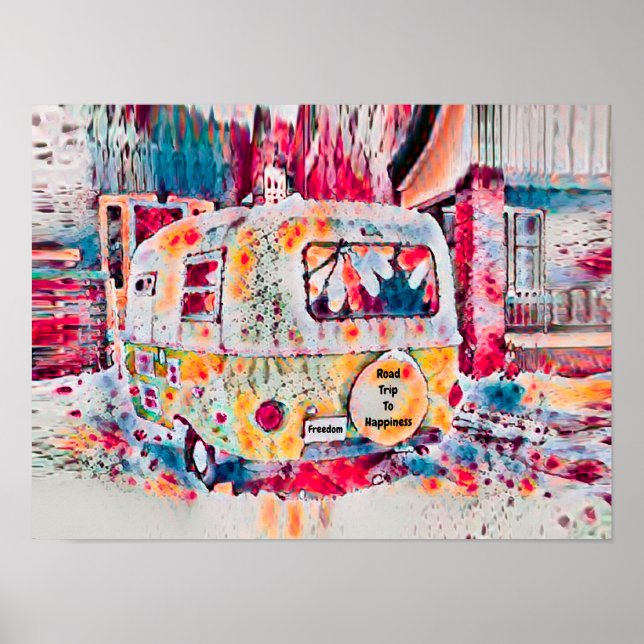 Poster Camper Retro Hippie Road Trip To Feliz Freedom (Frente)
