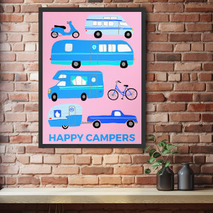 Poster CAMPERS FELIZES! Campervan Vanlife RV Trailer rosa