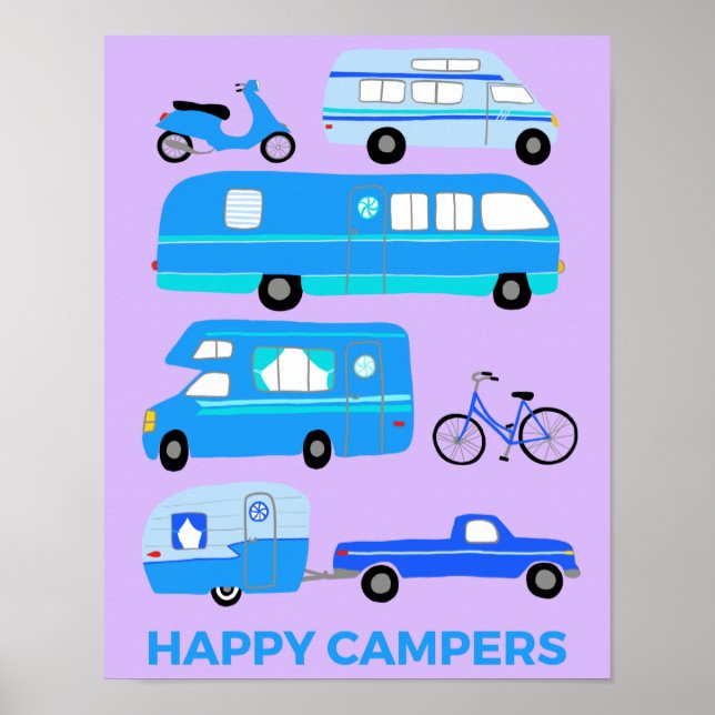 Poster CAMPERS FELIZES! Campervan Vanlife RV Trailer rosa (Frente)