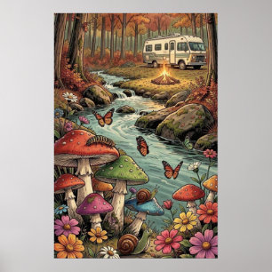 Poster Camping Retrô, Cogumelos, Riacho e Flores