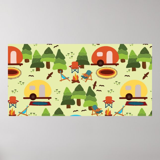 Poster Camping scene - caravan, camping chairs, fire plac (Frente)
