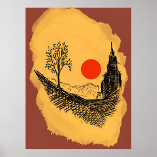 Poster campo da cultura solar oriental da árvore da ásia