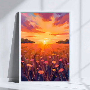 Poster Campo de Flores Aquarela Pôr do Sol Hora Dourada