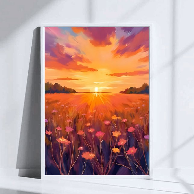 Poster Campo de Flores Aquarela Pôr do Sol Hora Dourada (Criador carregado)